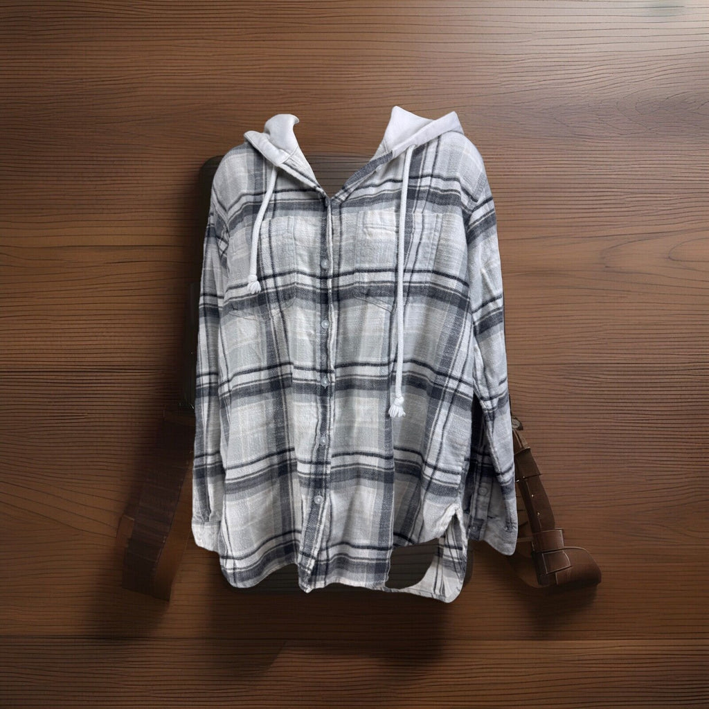 American Eagle Women's Hooded Plaid Button Up Shirt Cream Grey Medium