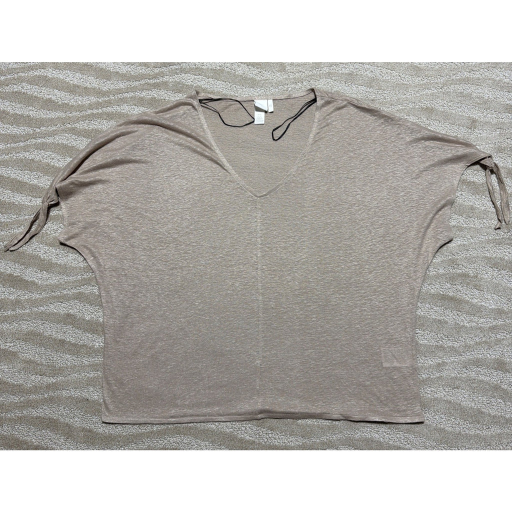 H&M XL Tan 100% Linen Oversized V-neck Short Tie Sleeve Blouse