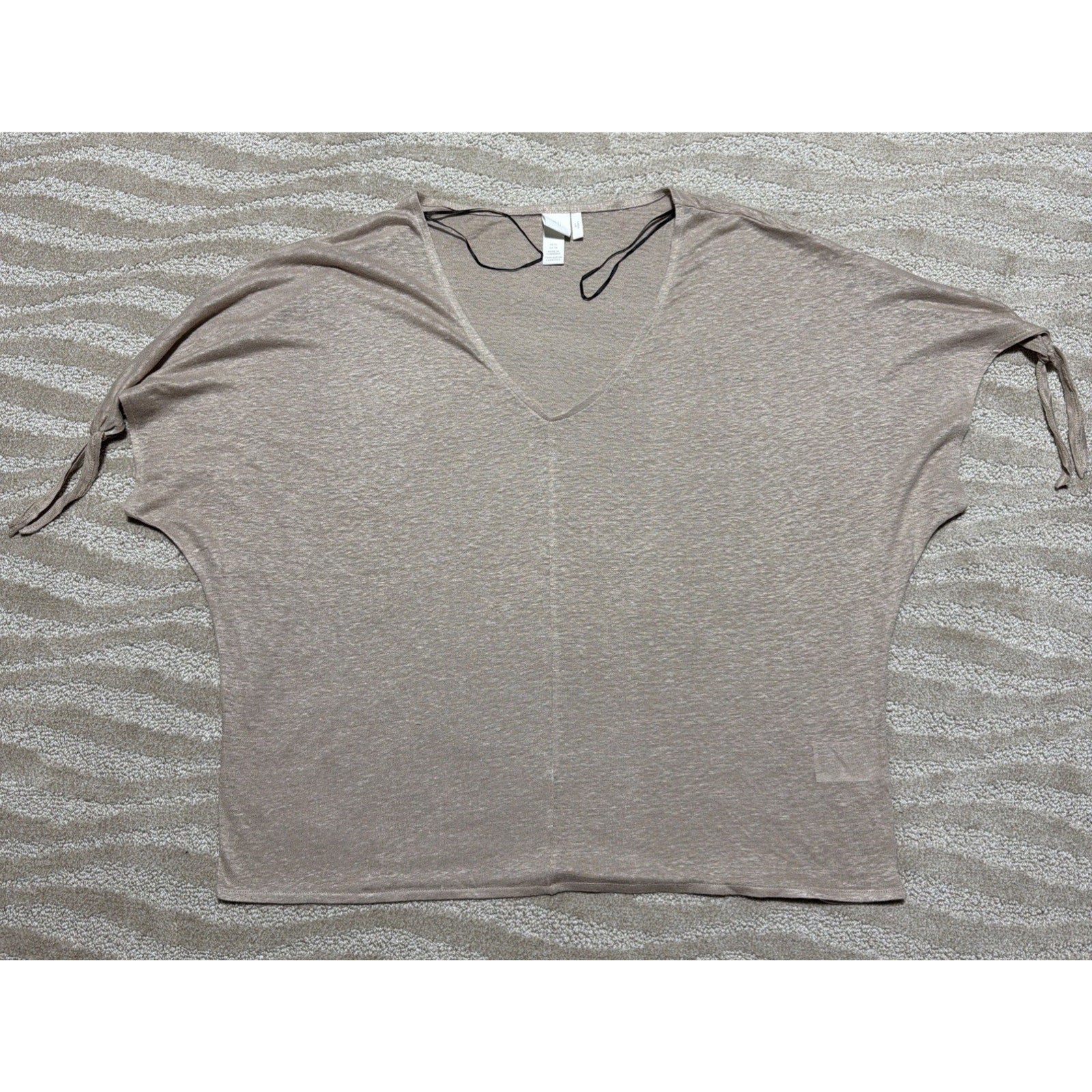 H&M XL Tan 100% Linen Oversized V-neck Short Tie Sleeve Blouse