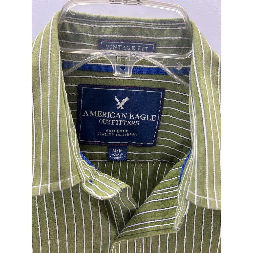 American Eagle Shirt Men's Long Sleeve Striped Casual Button Up Oxford Green M.
