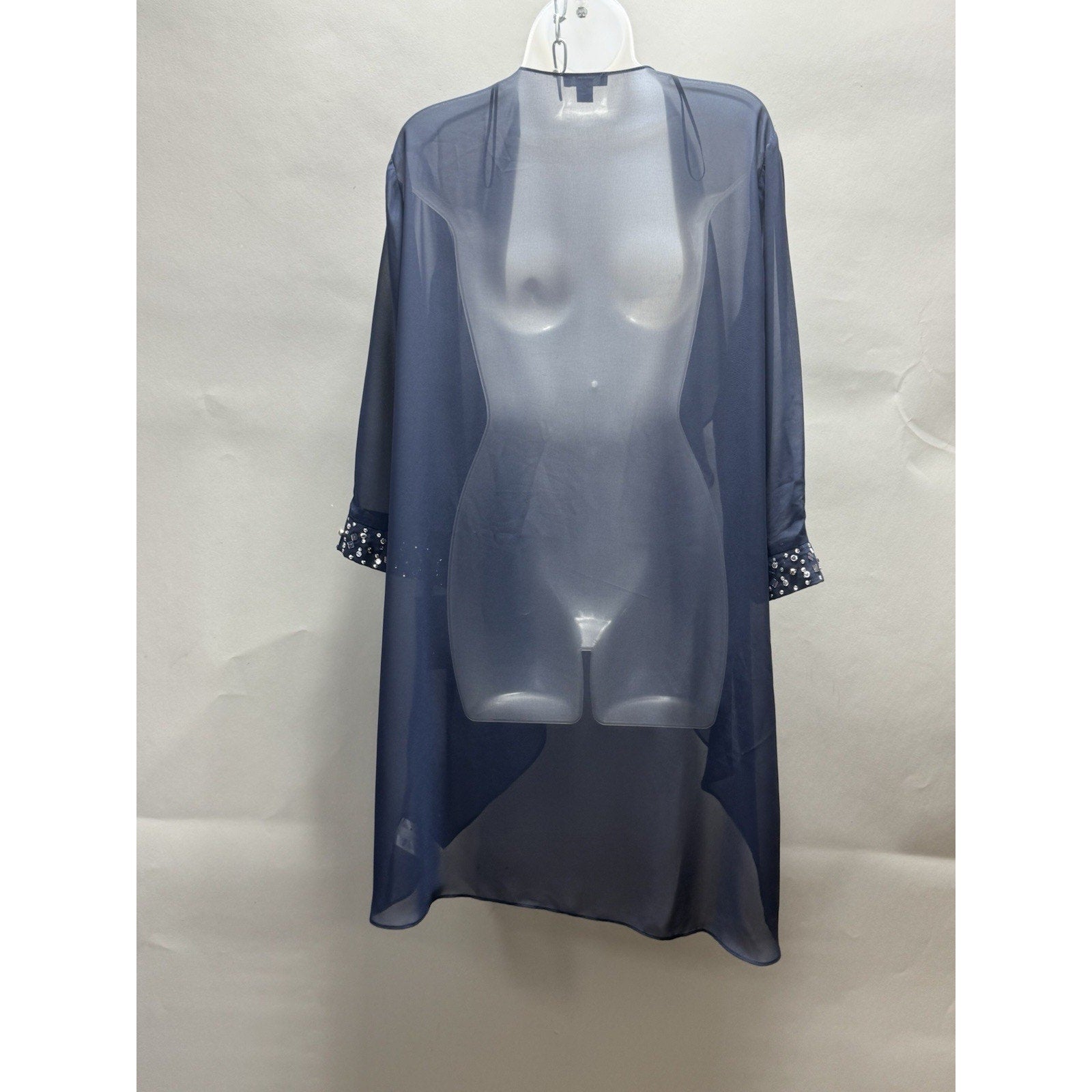 NWT SLNY 16P Deep Navy Sheer Beaded Open Front Duster Jacket Cover Up Petite