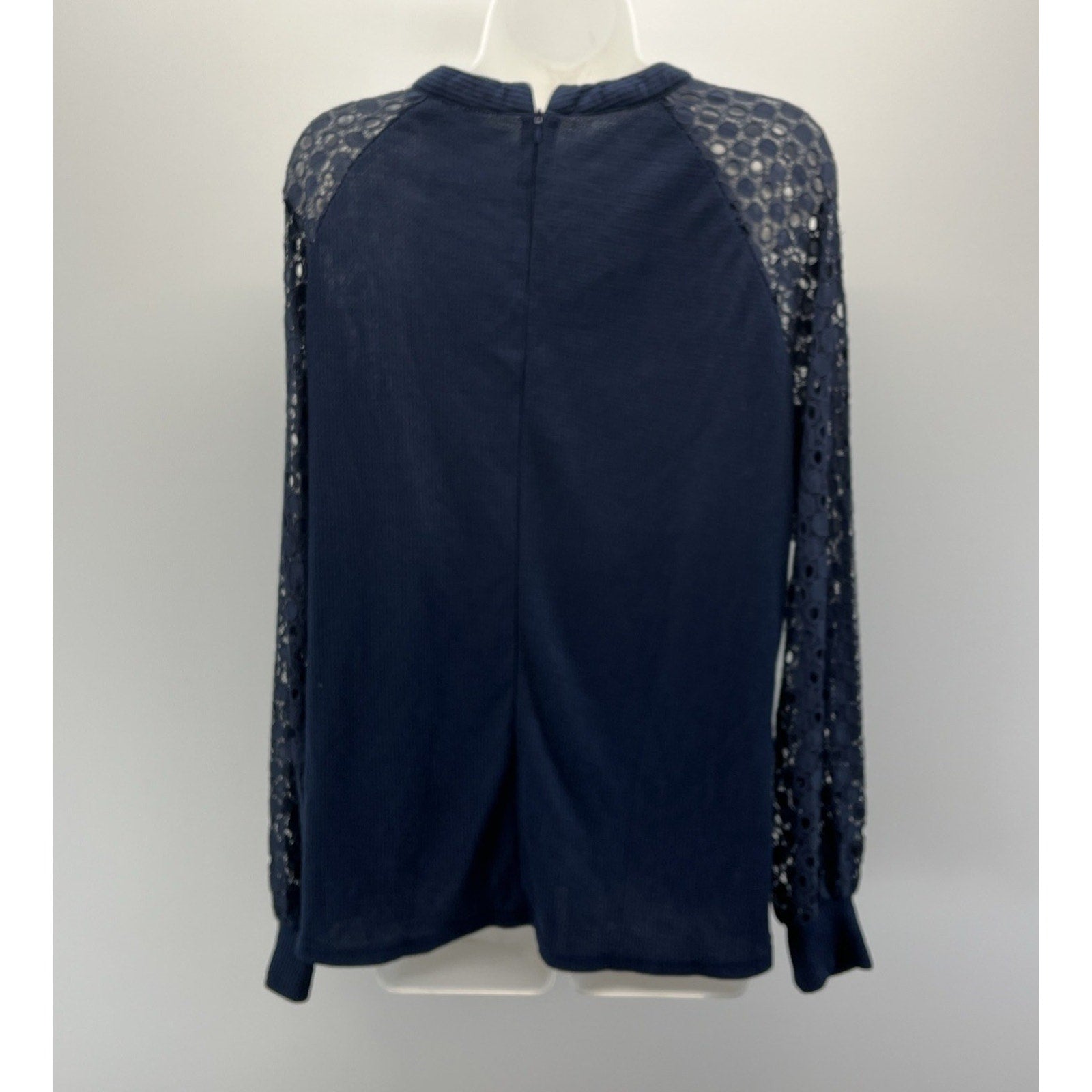 NWT Miholl Women's Waffle Knit Lace Sleeve Navy Zip Blue Knit Top Sz: L