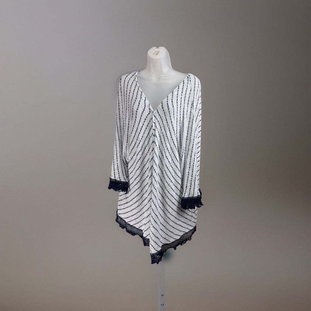 Lee Women’s Cardigan Knitted Blue & White Sweater Plus Size 2X Tassels