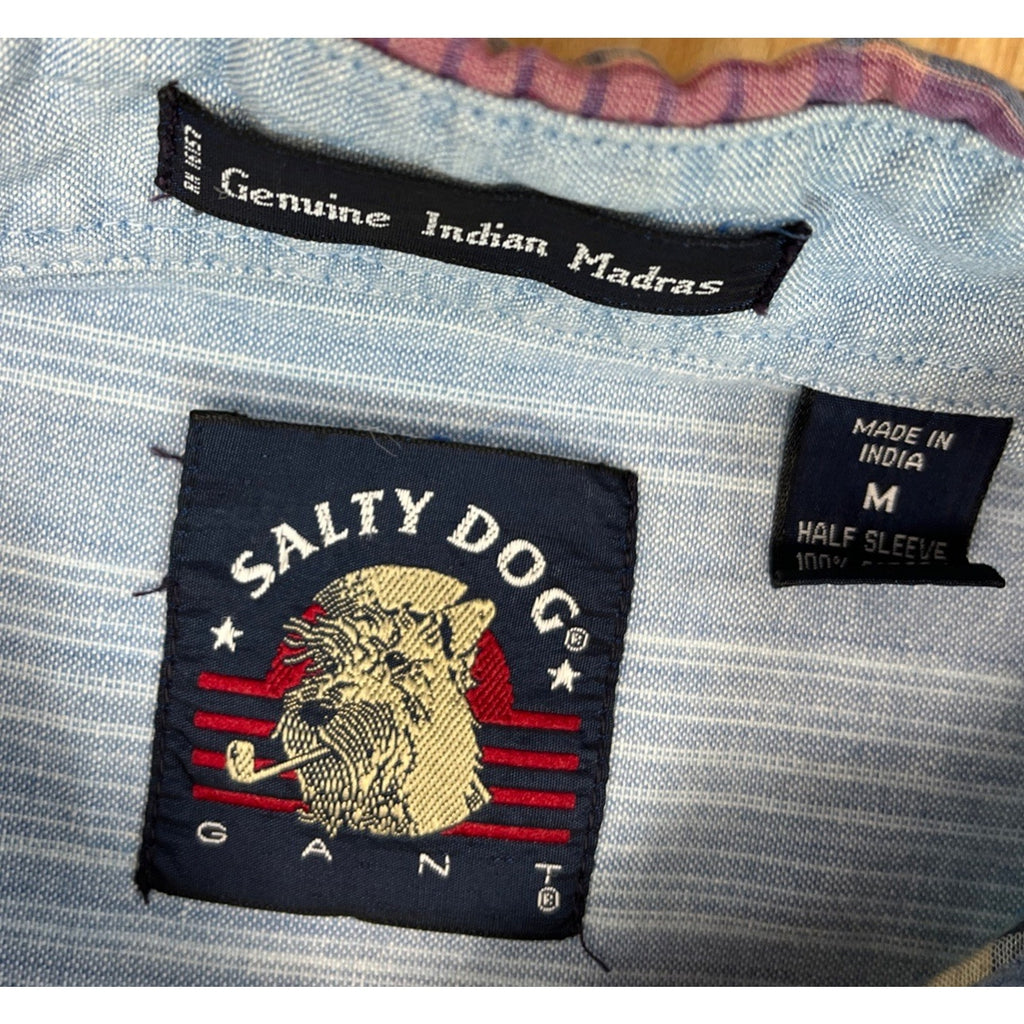 VTG Salty Dog Gant Mens Madras Short Sleeve Button Up Purple Green Plaid Size M