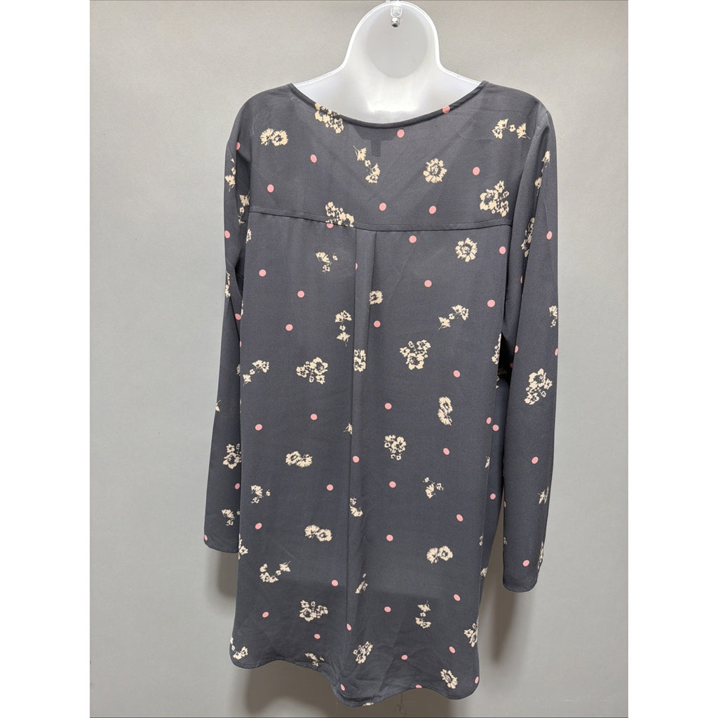 Express Women's Dark Gray Long Sleeve Tunic w/Pink Dots/Cream Flowers XL