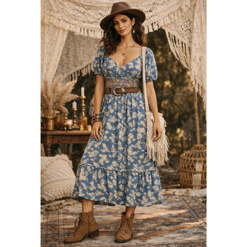 Free People Blue Cream Floral Smocked Puff Sleeve Midi Dress Women’s Medium Boho