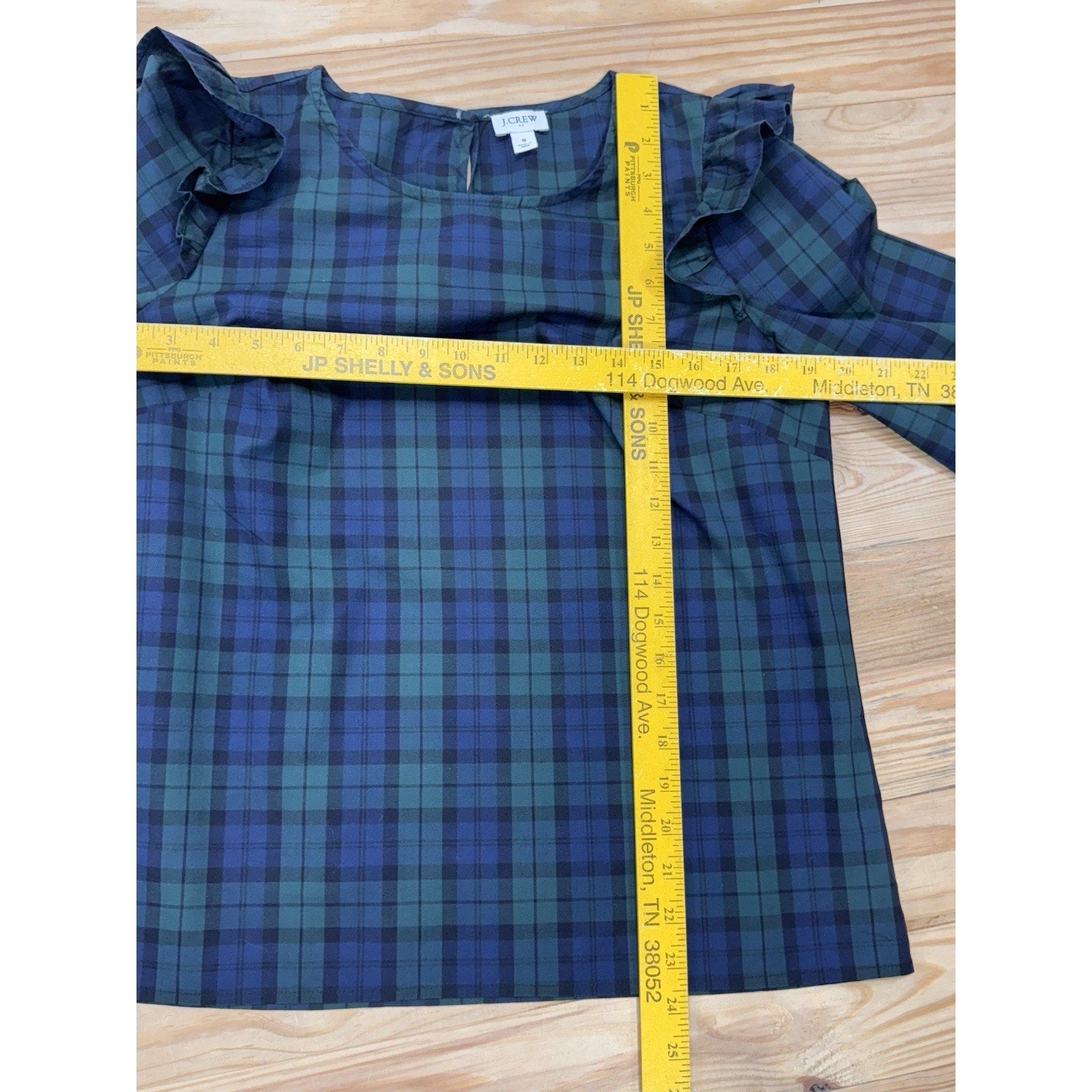 J.Crew Factory Blue Green Plaid Cotton Poplin Top with Ruffles Womens Size Small