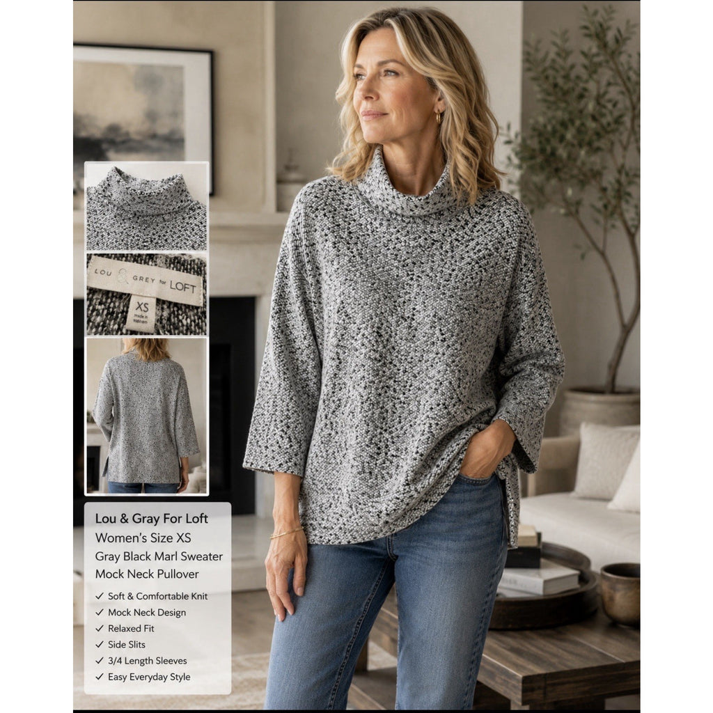 Lou & Gray For Loft Women’s Size XS Gray Black Marl Sweater Mock Neck Pullover