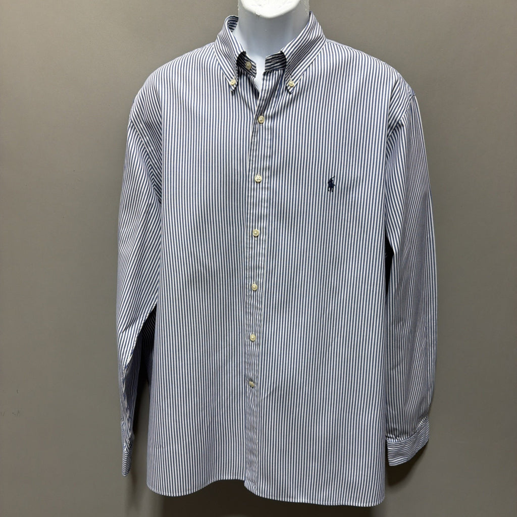 Ralph Lauren Mens Size 2XL 18 / 46 Striped Oxford Shirt Blue 100% Cotton