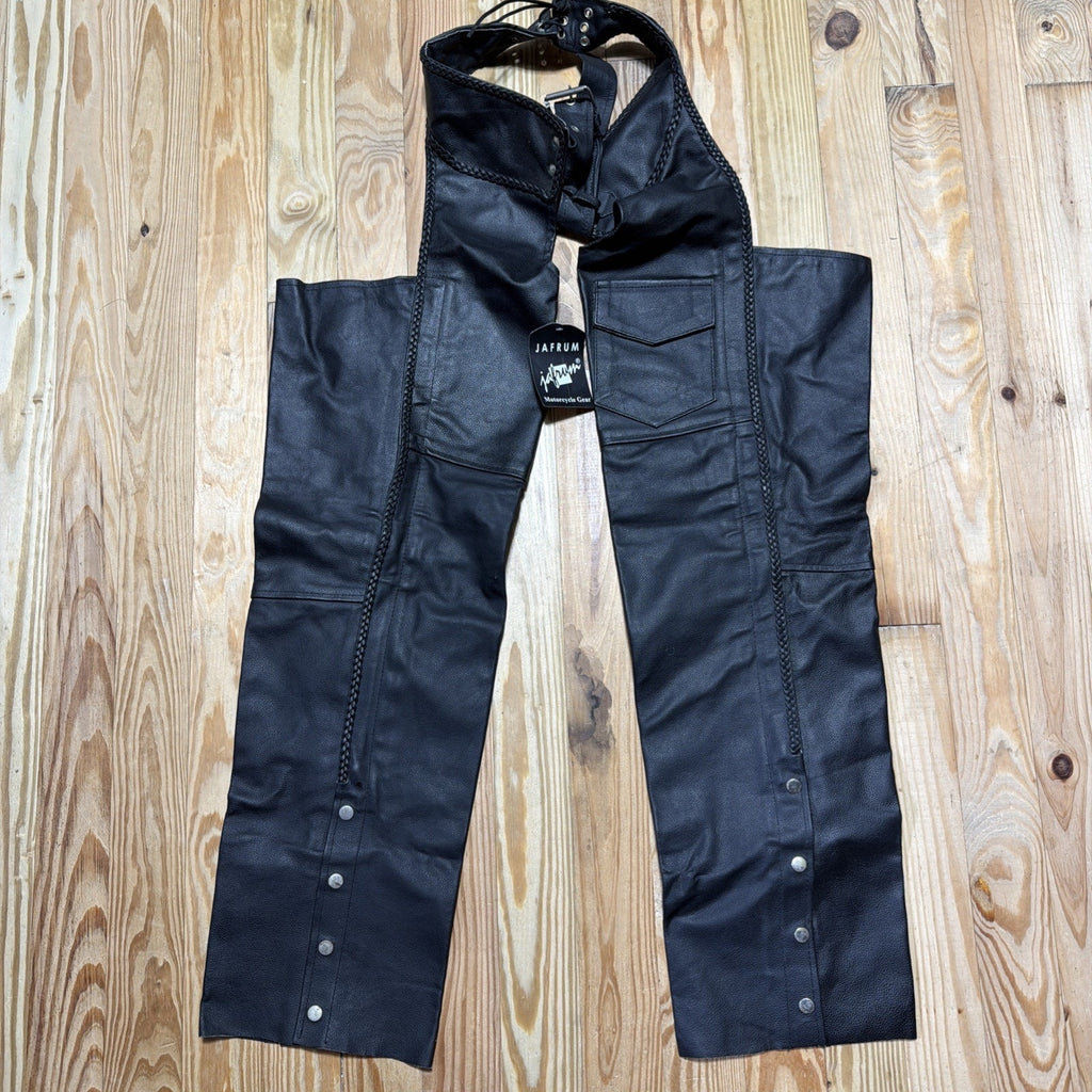 Jafrum Leather Motorcycle Chaps Mens XL Biker Gear Adjustable Waist Lined NWT