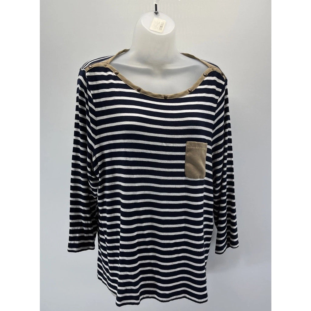 Chico's Indigo White Striped Jumper Top Faux Suede Trim Size 2