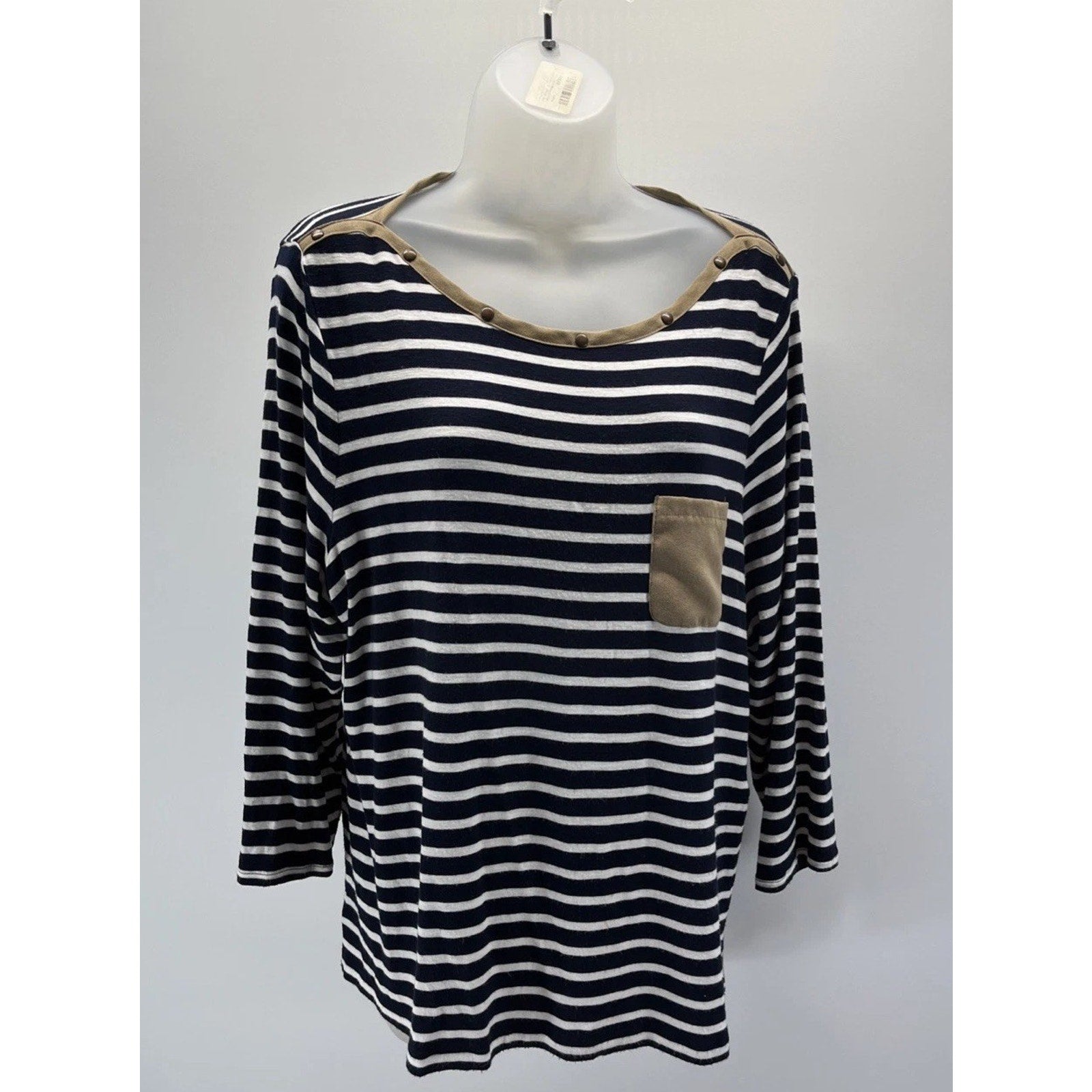 Chico's Indigo White Striped Jumper Top Faux Suede Trim Size 2