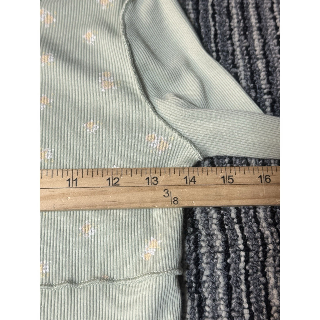 Art Class Girls 10/12 L Sage Green Floral Ribbed Top Lettuce Hem Long Sleeve