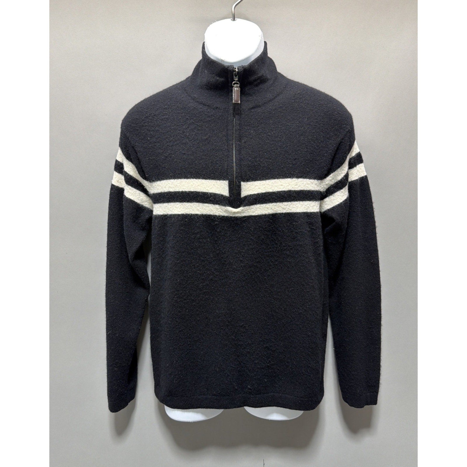 Impermeable Platinum Sweater Mens Medium Black Cashmere Wool Quarter Zip Striped