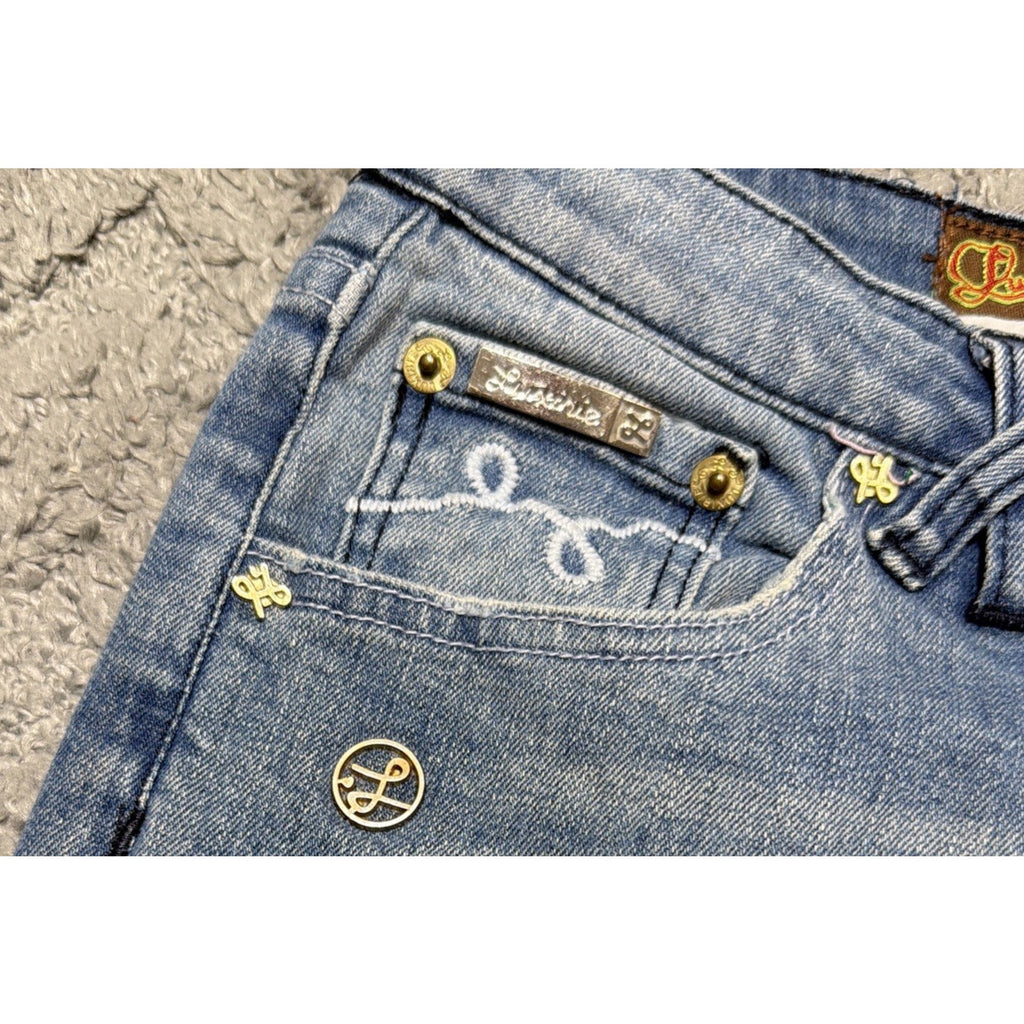 Luxirie By LRG Bootcut Lowrise Embroidered Jeans Blue Medium Wash Womens 31x32
