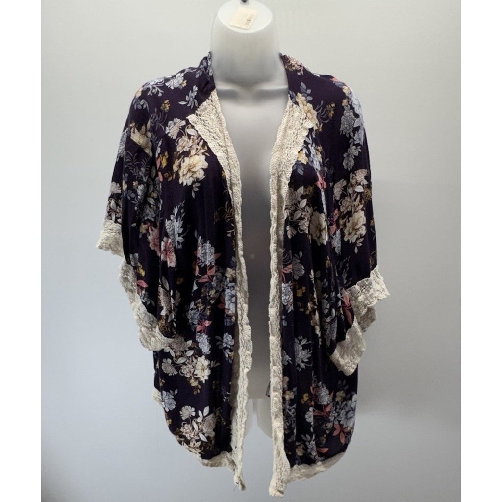 Indigo Rose Kimono Open Front Navy Blue Floral Cardigan Women’s Cropped Size 1X