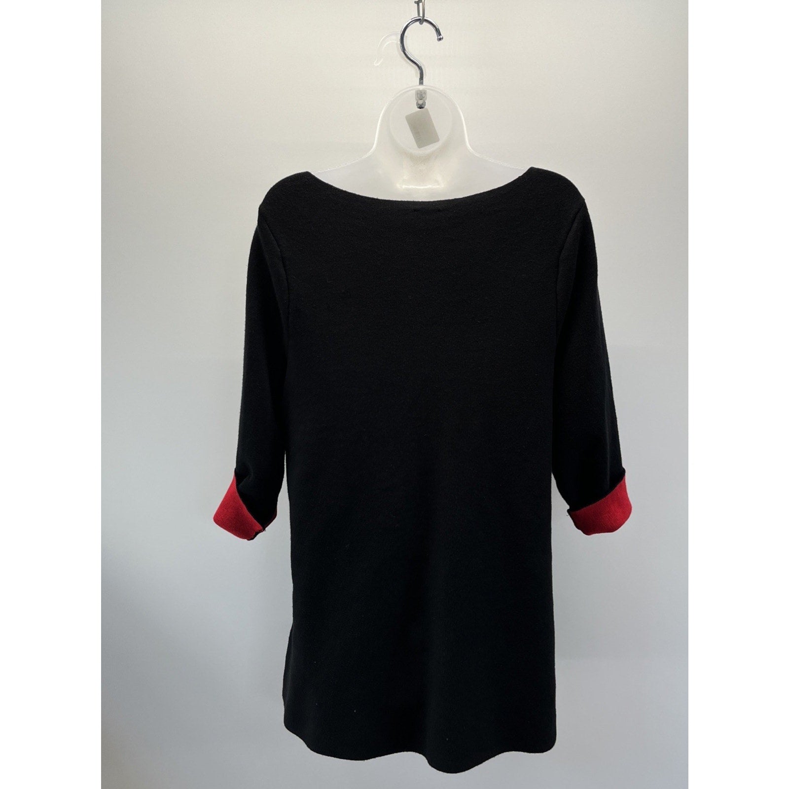 Chico’s Bi-Color Double Knit Sweater Black Red 3/4 Sleeves Soft Cozy Sz L