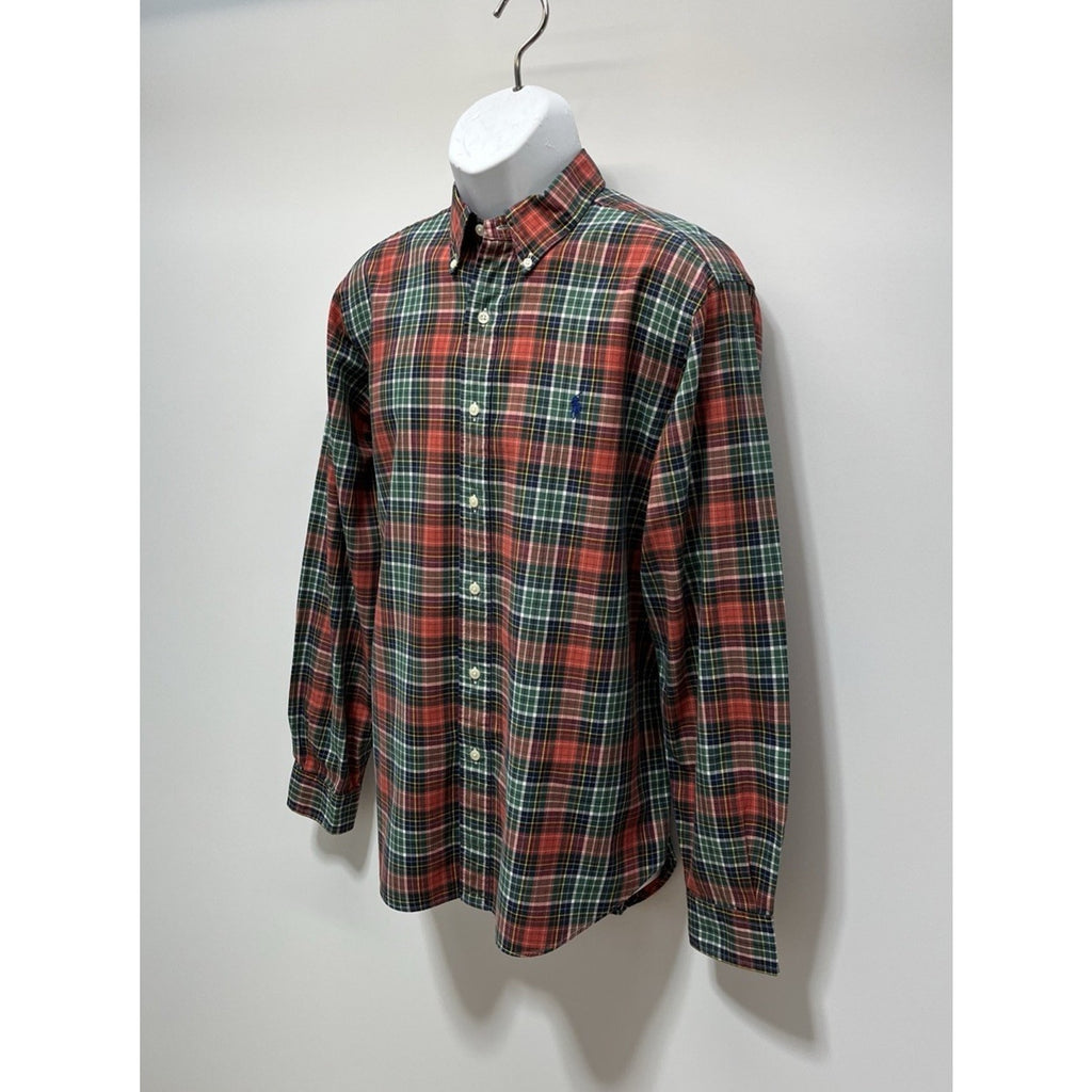 VINTAGE Ralph Lauren Men Button Up Shirt L Green Tartan Plaid Logo Classic Fit