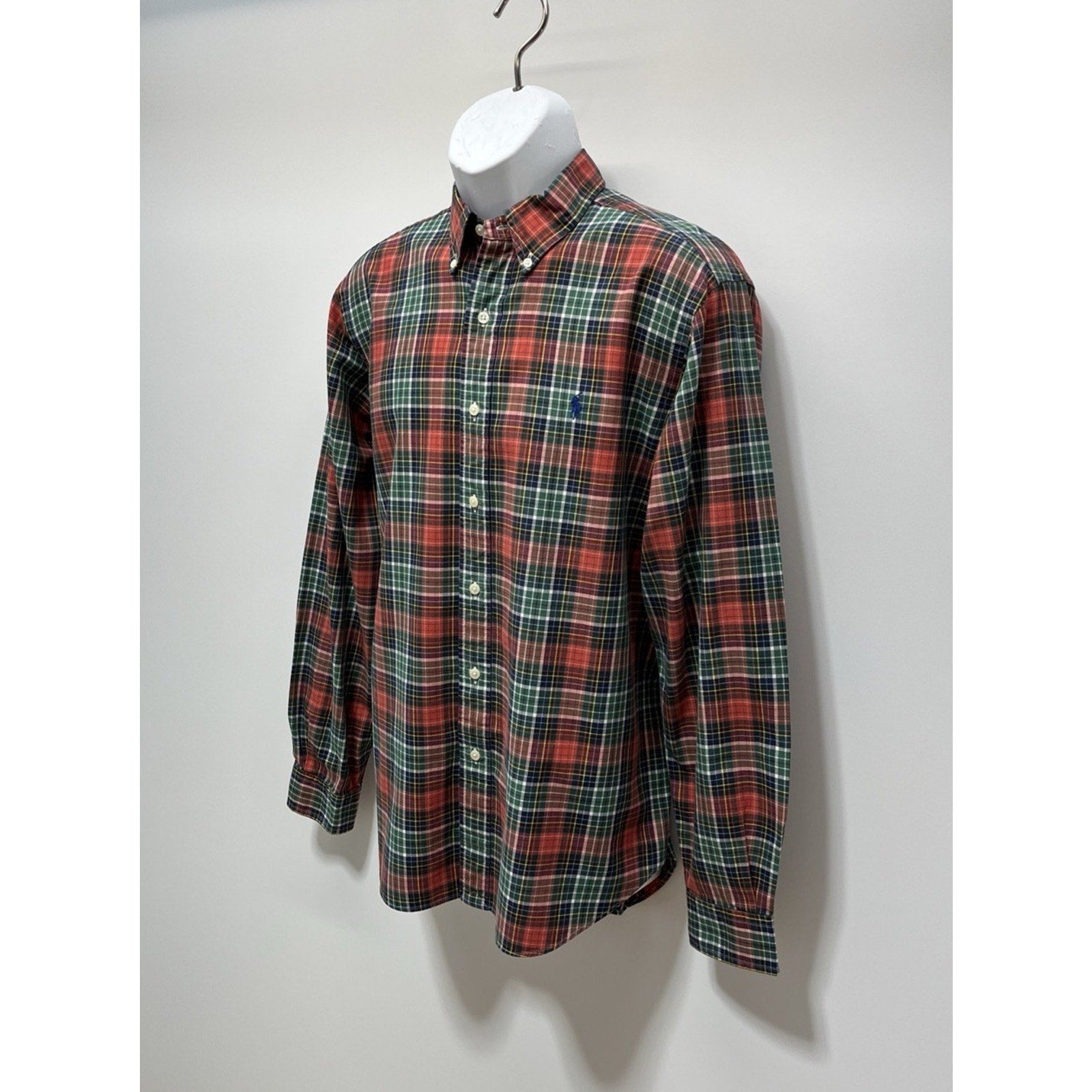 VINTAGE Ralph Lauren Men Button Up Shirt L Green Tartan Plaid Logo Classic Fit