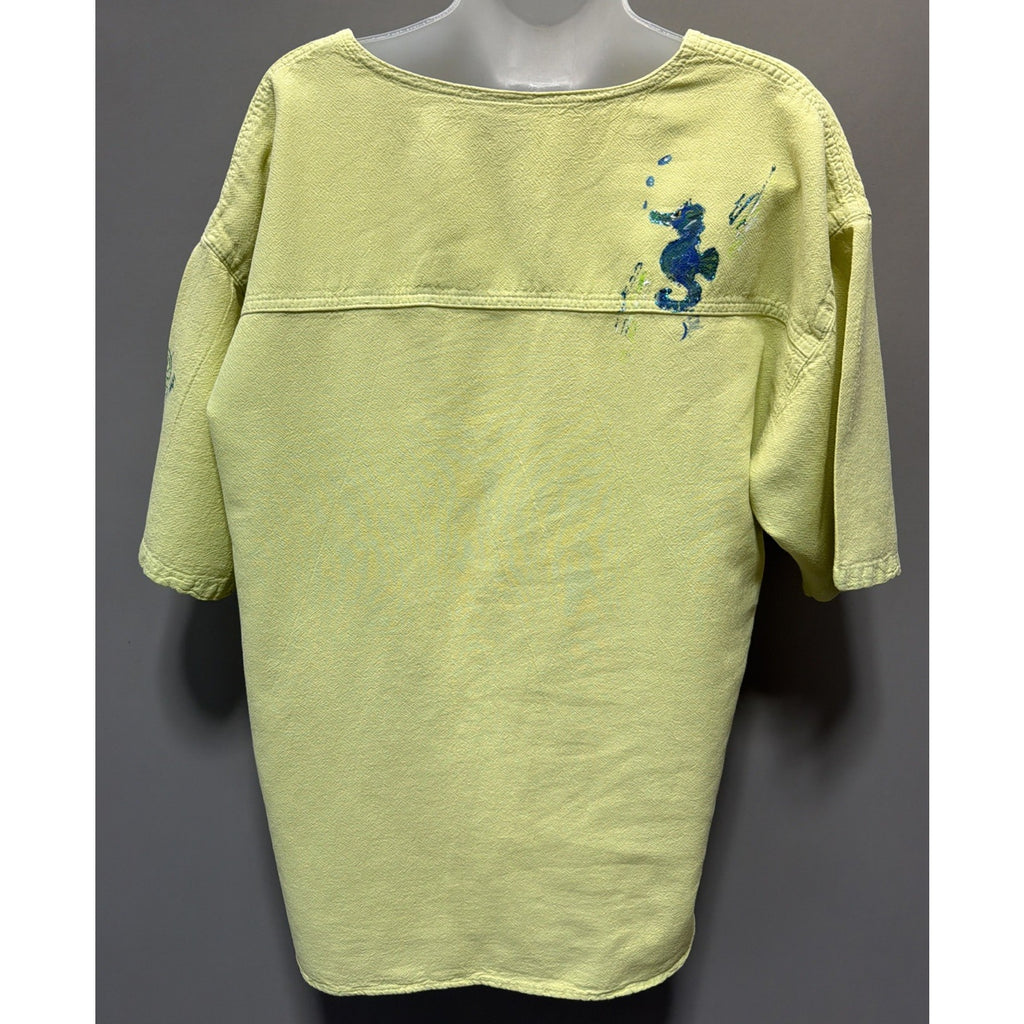 Cottonseed Casual Wear Hand Painted Top Womens M Artsy Seahorses Beachy Made USA