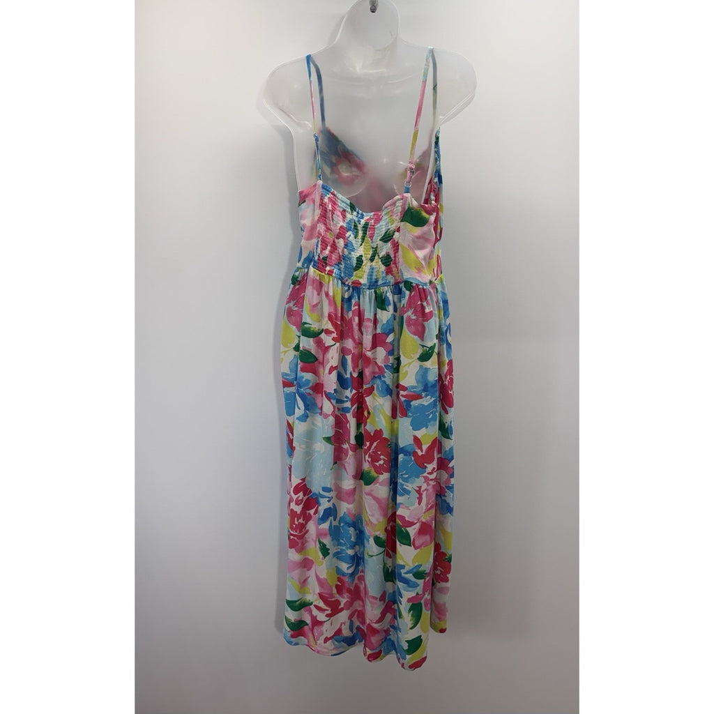 OLD NAVY Fit & Flare Floral Smocked Midi Cami Dress Pink Blue Watercolor Women L