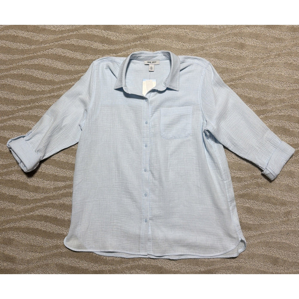 NWT NINE WEST Womens Large Ice Blue Gauze Long Sleeve Roll-Tab Cotton Shirt