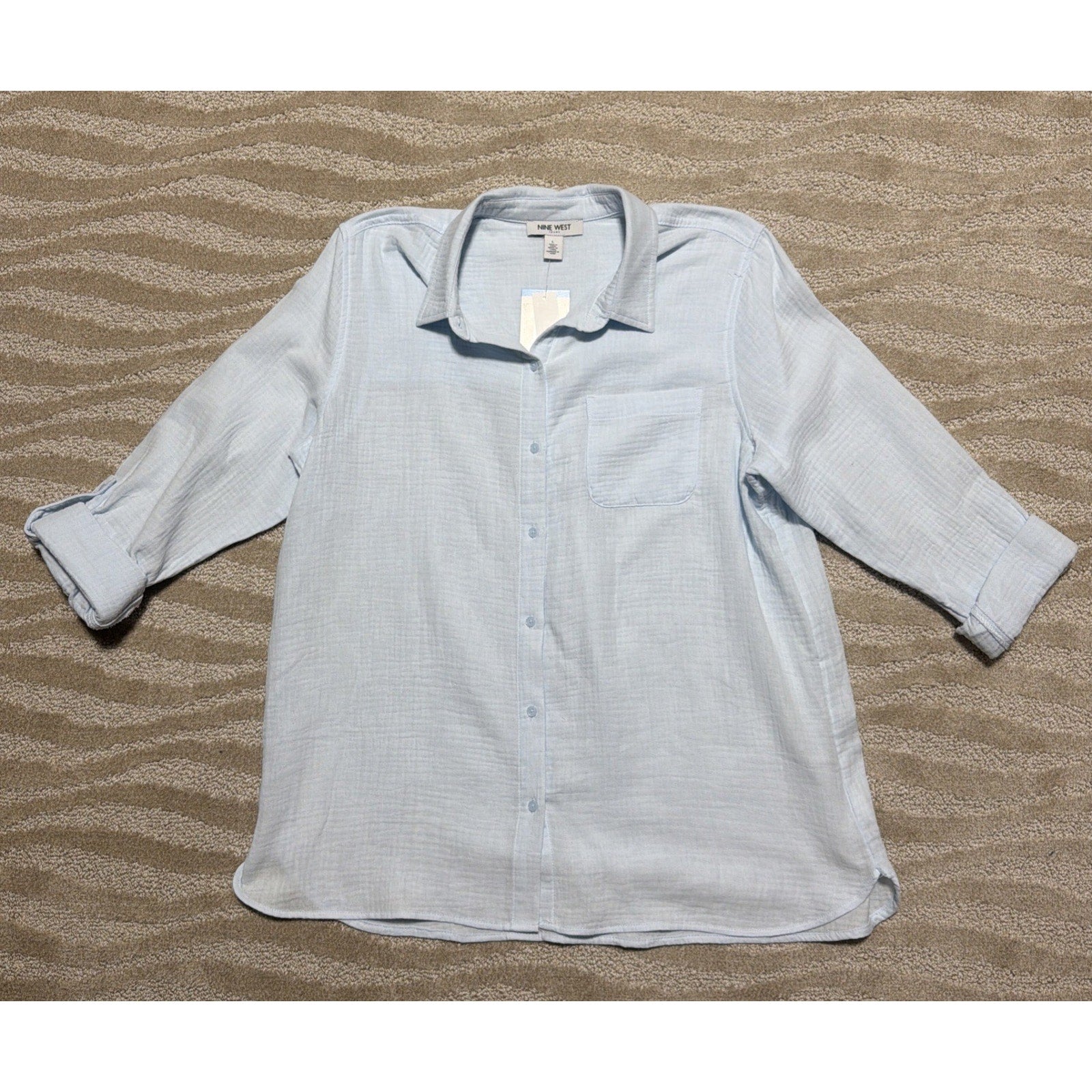 NWT NINE WEST Womens Large Ice Blue Gauze Long Sleeve Roll-Tab Cotton Shirt