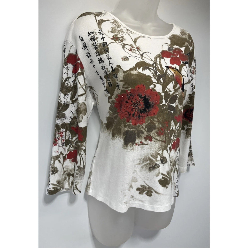Norm Thompson Blouse Women's Sz LP Floral Tunic Top Boho Romantic White