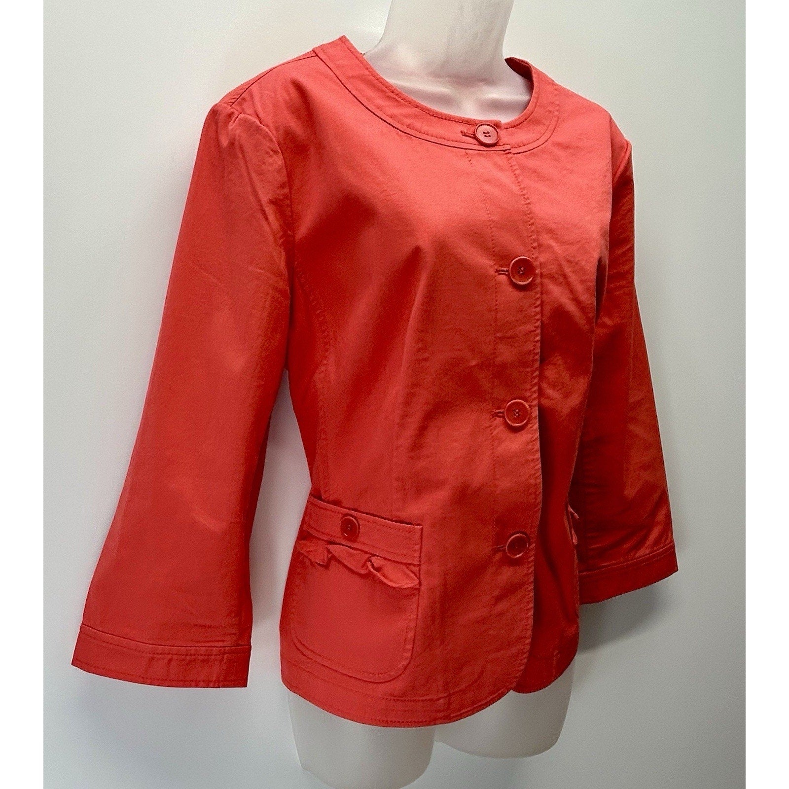 Talbots Blazer Womens Size 16 Coral Colored Ruffled Pockets 98% Cotton Jacket.