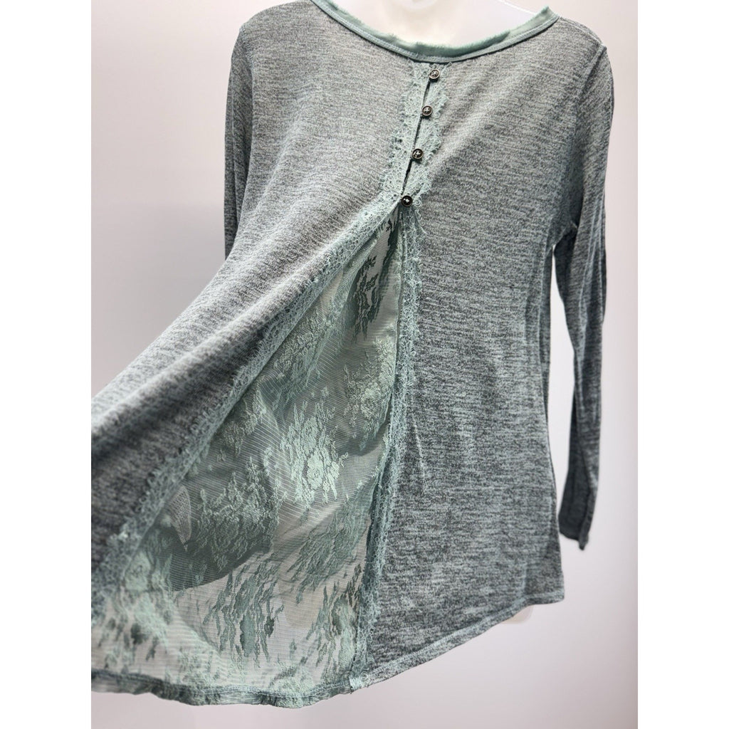 Xhilaration Womens L Gray with White Lace Trim Long Sleeve Shirt Blouse