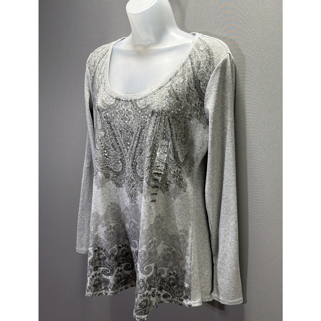 RXB Women's LS Pullover Top Gray w/Lace & Rhinestones Paisley Design Size L NWT