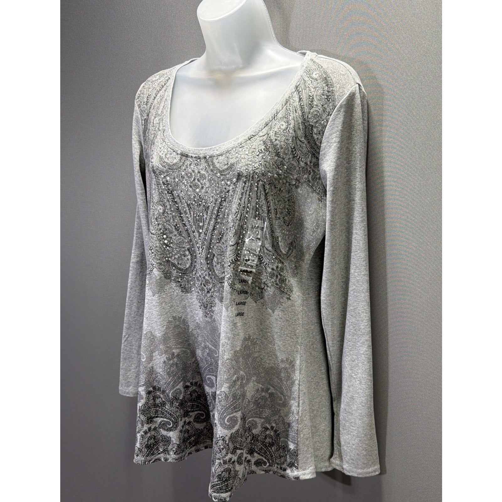 RXB Women's LS Pullover Top Gray w/Lace & Rhinestones Paisley Design Size L NWT