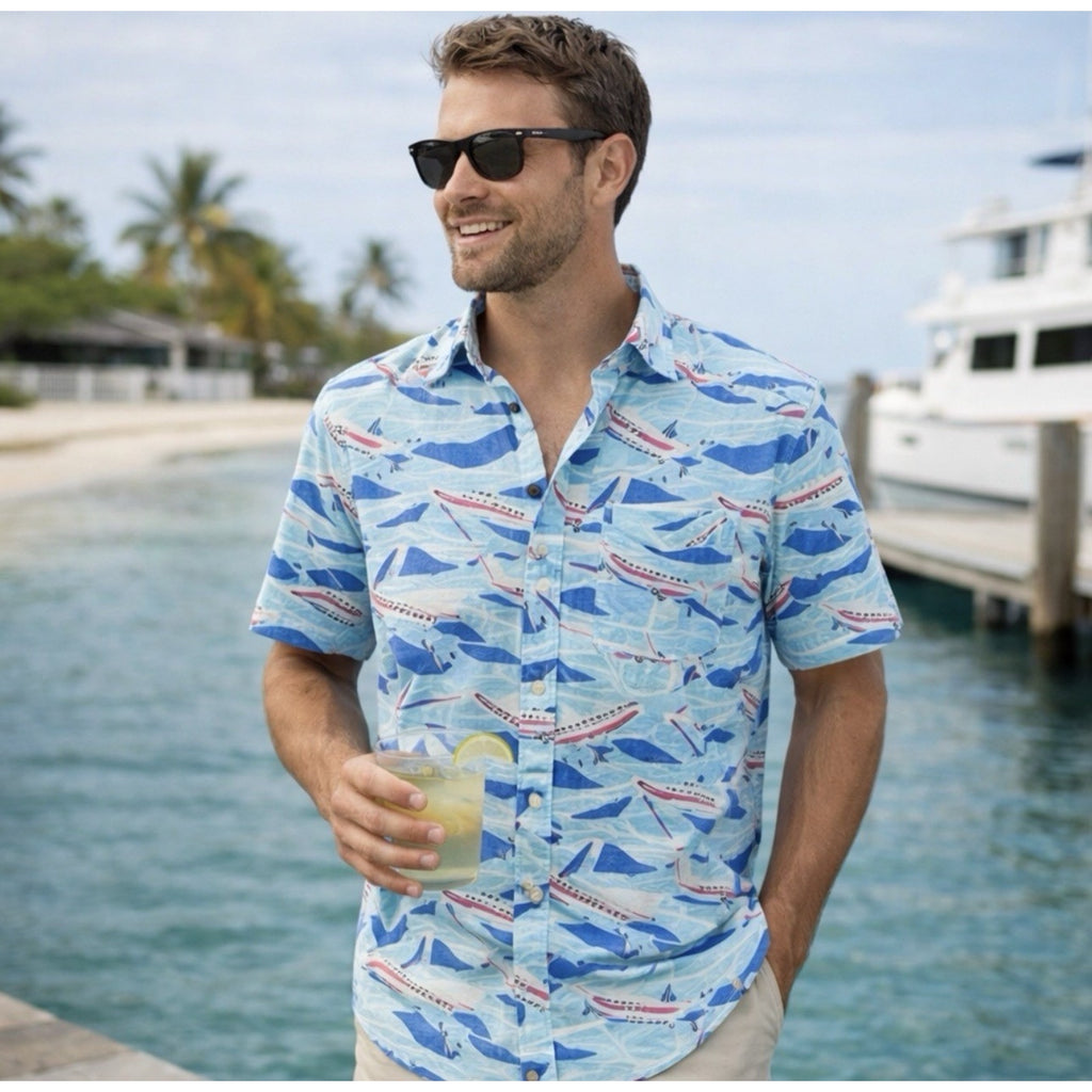 Vineyard Vines Jet Set Airplane Print Button Down Shirt Men’s Small Blue NWT