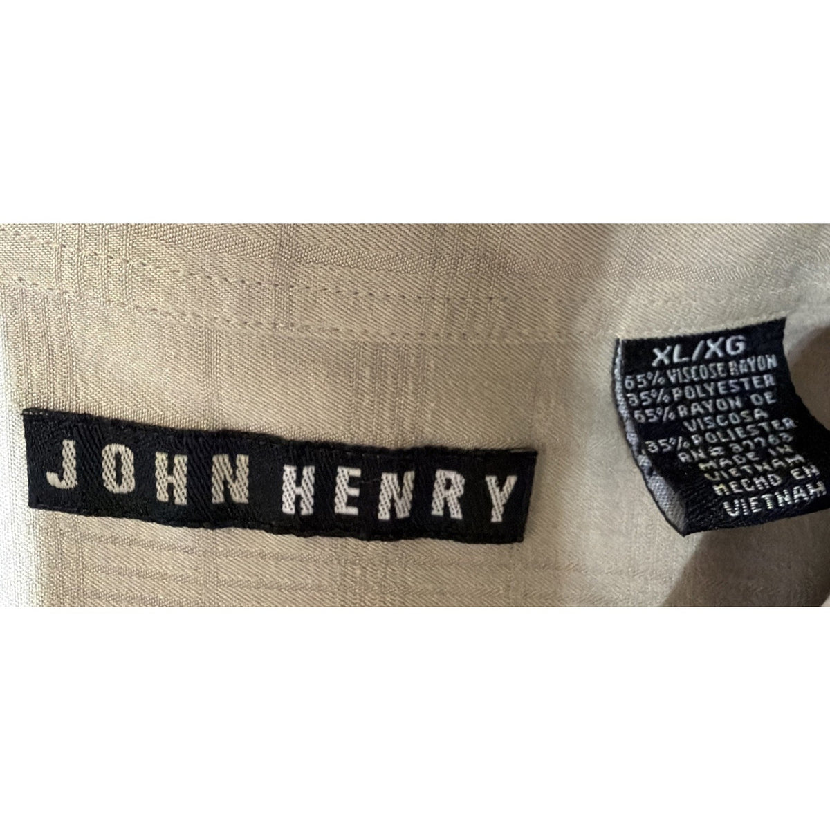 Vintage John Henry Mens Button Up Shirt XL Biege Windowpane Short Sleeve