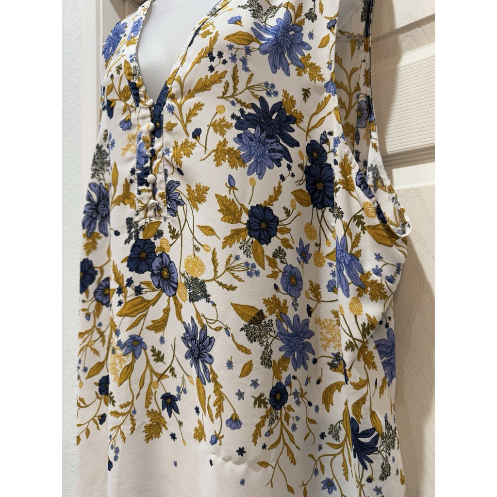 Maurices Women's Sleeveless Button Front Floral V-Neck Blouse Top Sz 4 Blue