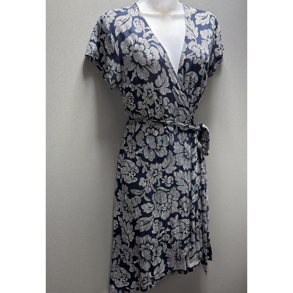 Ann Taylor LOFT Women's Wrap Dress Petite Small Floral Navy Blue White Stretch