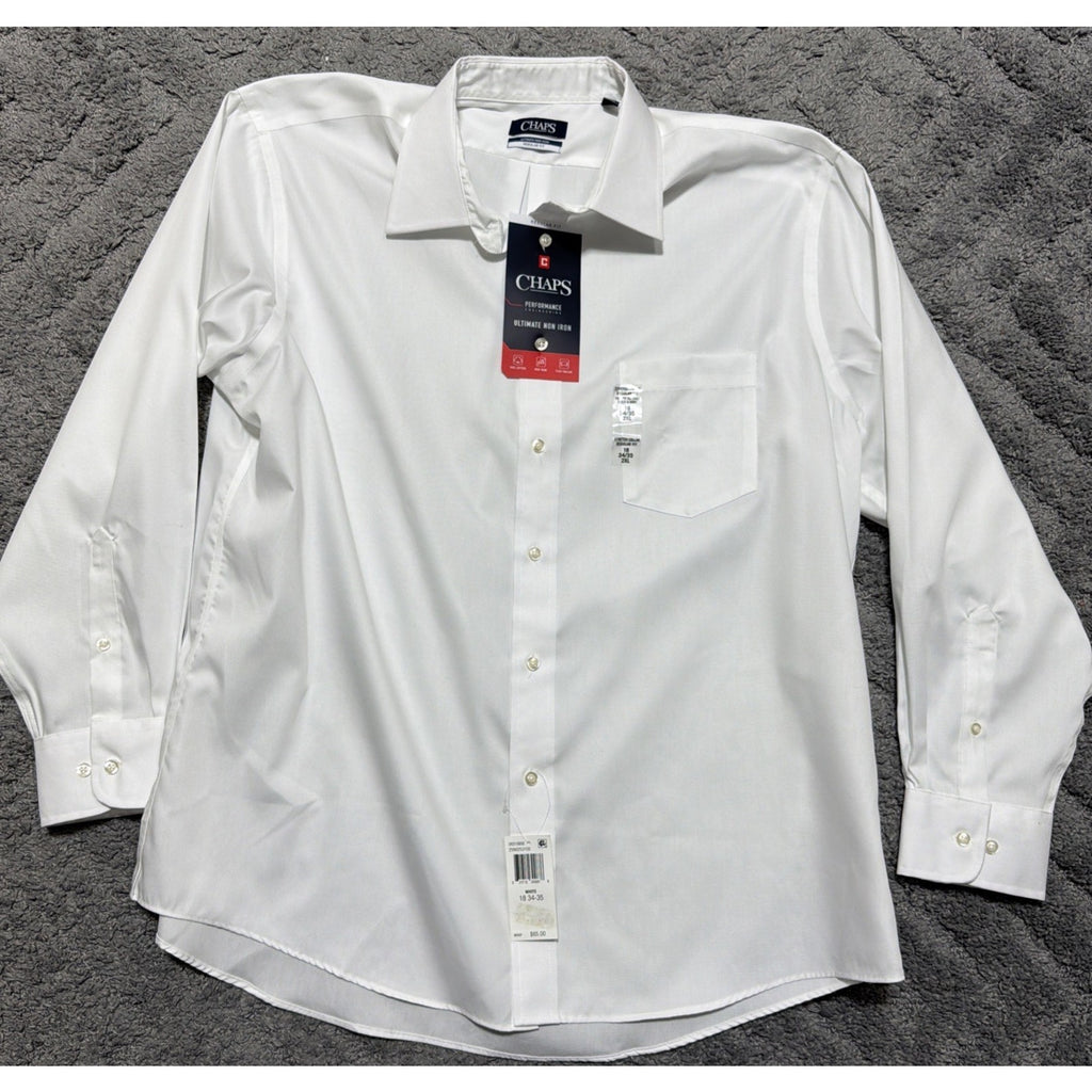New Chaps Performance Ultimate Non Iron LS Men's Dress Shirt White 18 34-35 2XL