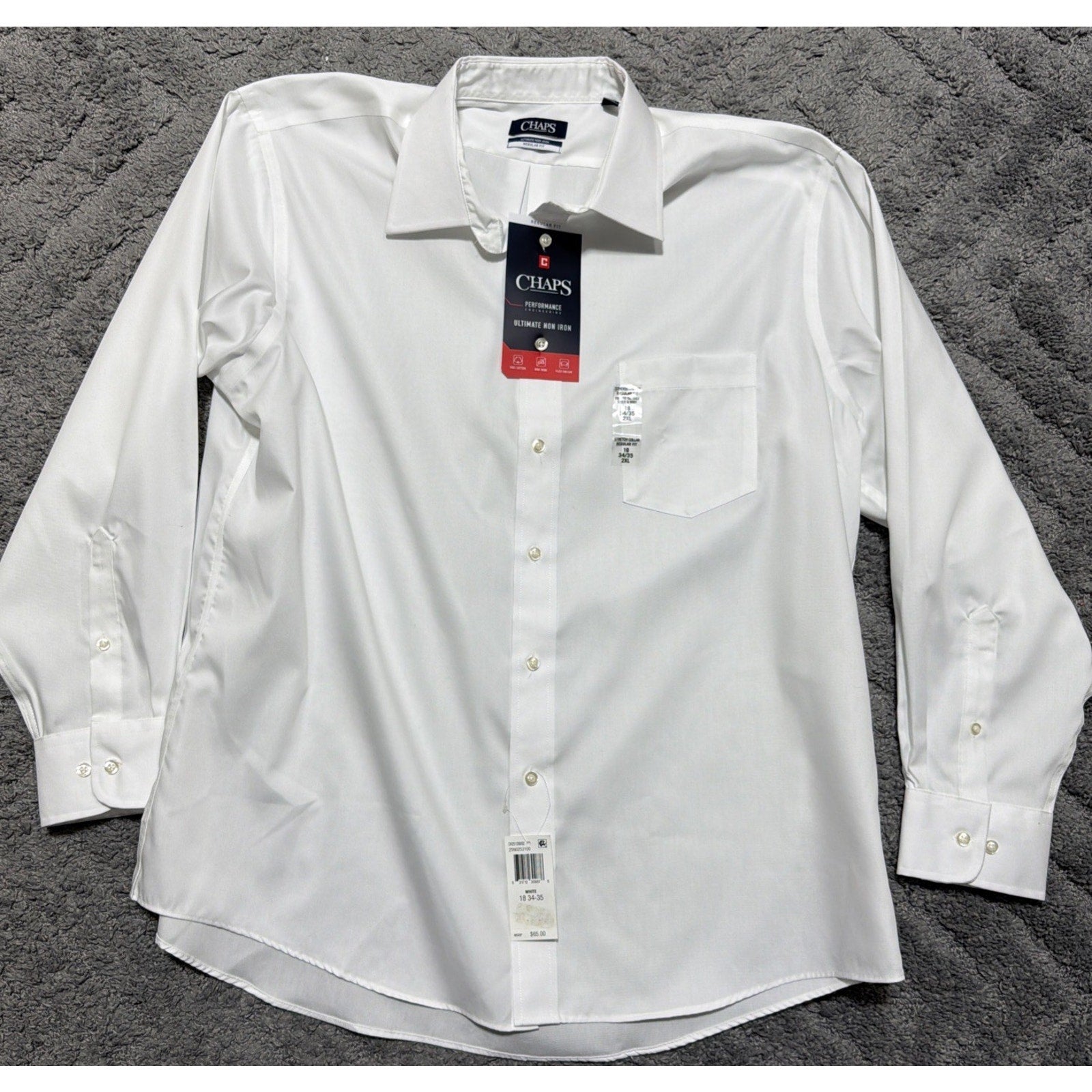 New Chaps Performance Ultimate Non Iron LS Men's Dress Shirt White 18 34-35 2XL