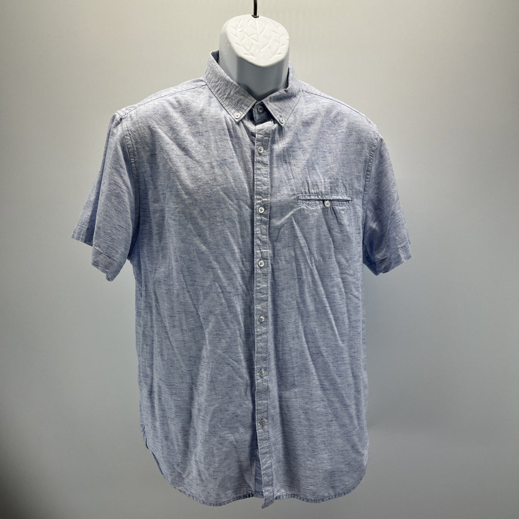 Denim And Flower Chambray Men Slim Fit Button Down Short Sleeve Cotton Shirt L