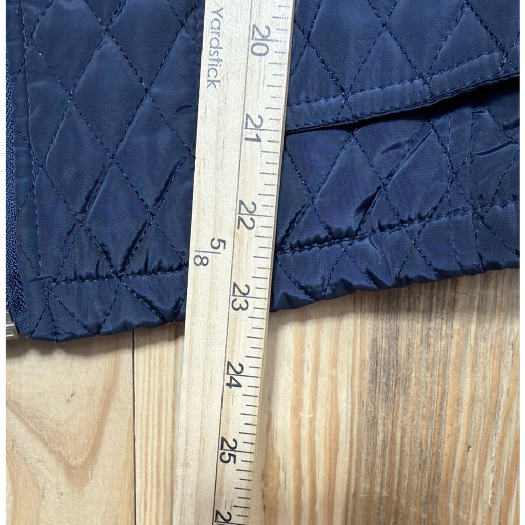 DAISY WOMENS BLUE PUFFER QUILTED VEST JACKET GOLD ZIP ACCENTS FAUX FUR FLEECE L