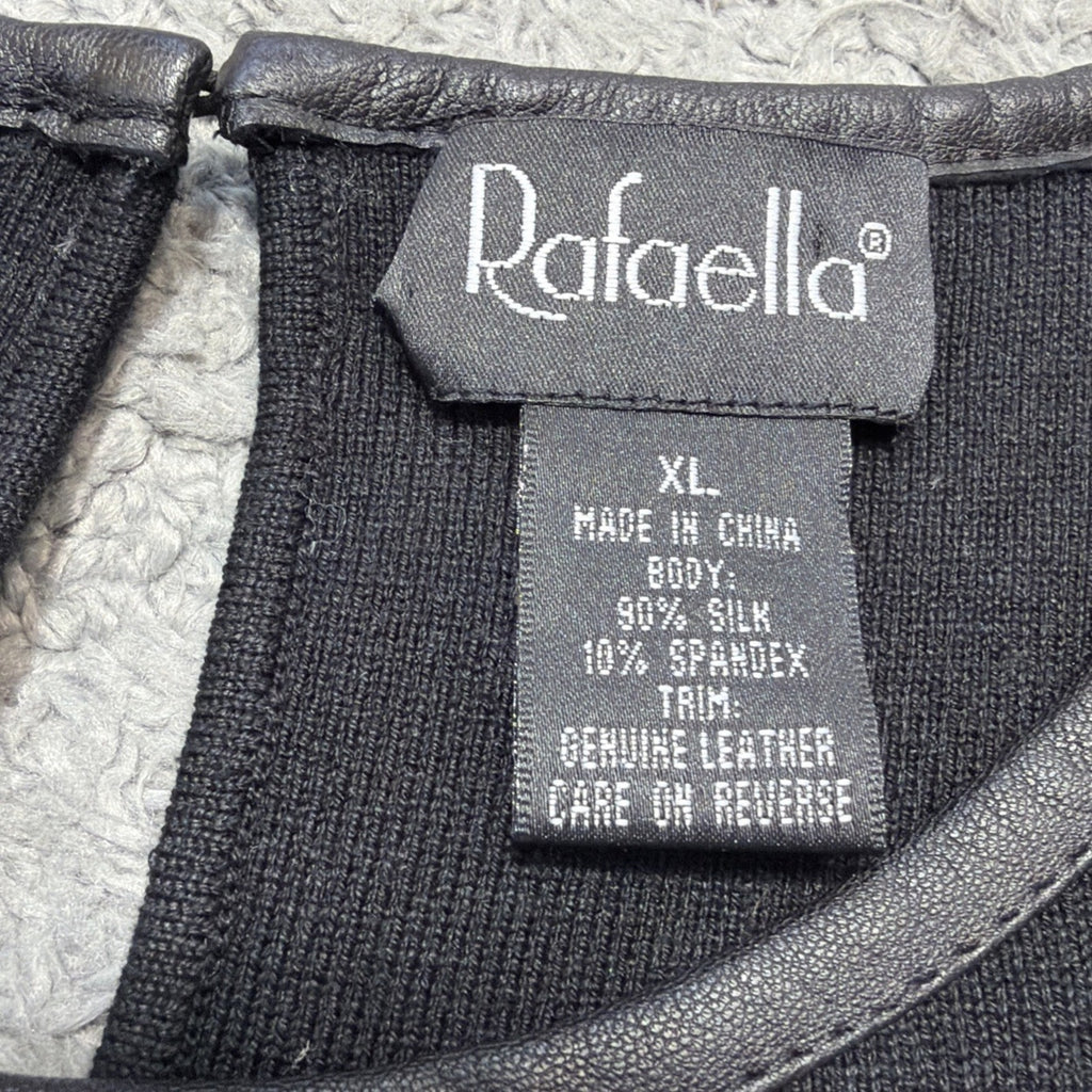 Rafaella XL Silk Sleeveless Black Knit Top Genuine Leather Trim NWT