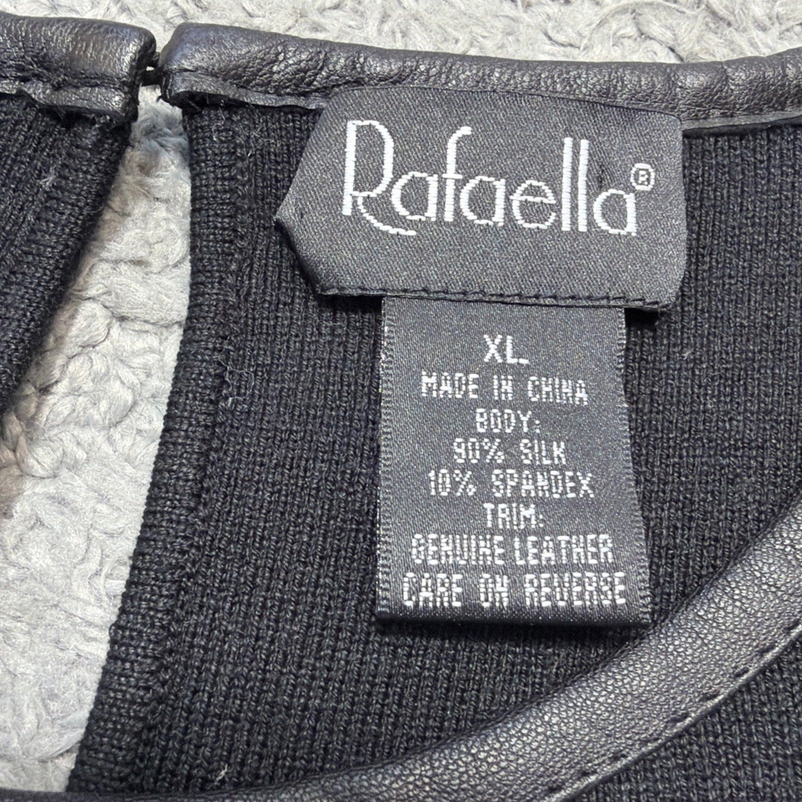 Rafaella XL Silk Sleeveless Black Knit Top Genuine Leather Trim NWT
