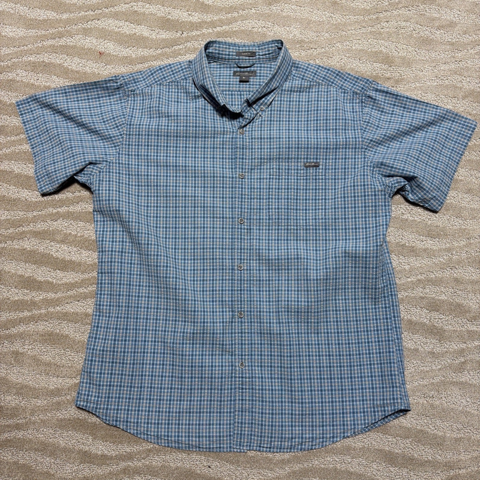 Eddie Bauer Button Down Cotton Shirt Blue Plaid Classic Fit Short Sleeve XL
