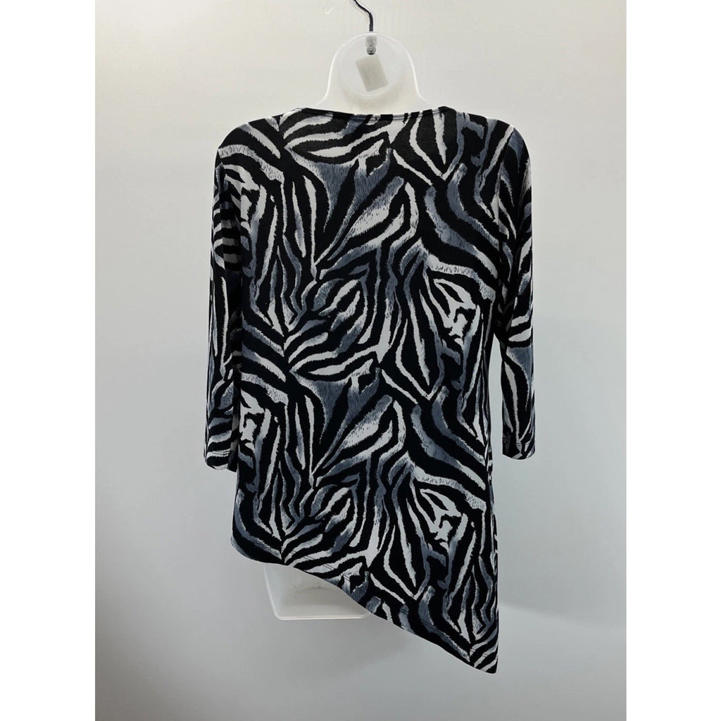 Chico's Zebra Striped Asymmetrical 3/4 Sleeve Top sz 0 Made In USA