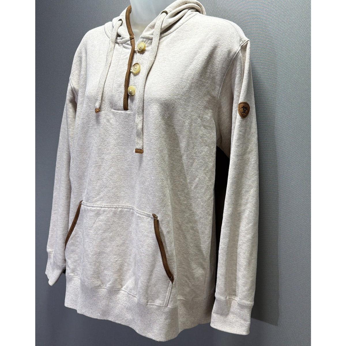 Ariat Womens REAL Elevated Oatmeal Button Henley Pullover Hoodie Sweatshirt L