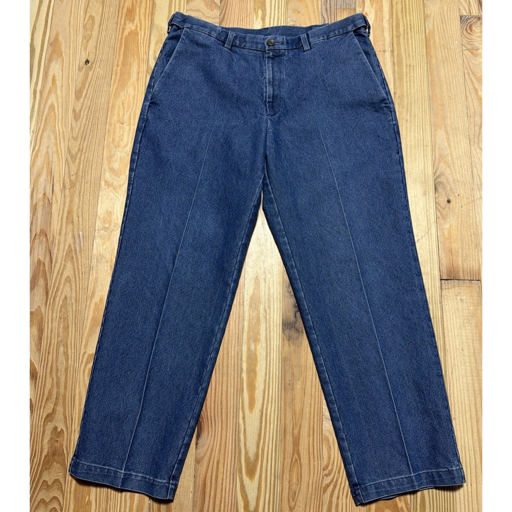 Haggar Premium Denim Trouser Dress Pants Blue Classic Fit Pleated 36x30 Stretch