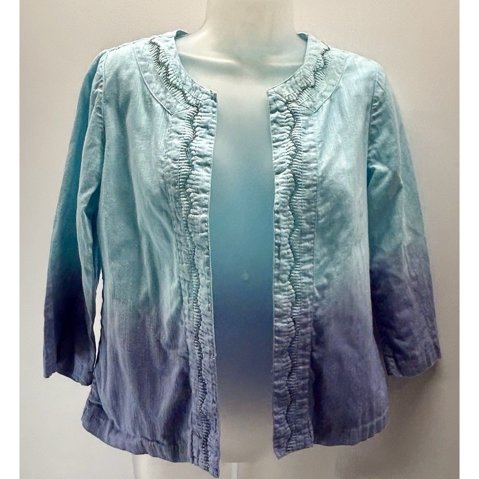 Chicos Womens Shrug Blue Purple Ombre Embellished Crochet Open Front Top 0 S