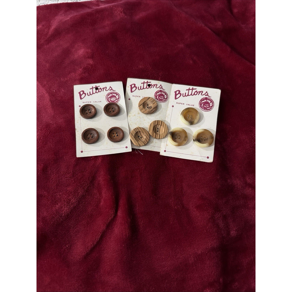 Vintage Brown Wood Buttons 4 Hole 1 1/4” Large Sewing Craft Original Card NOS