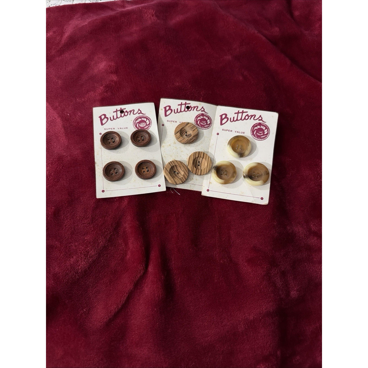 Vintage Brown Wood Buttons 4 Hole 1 1/4” Large Sewing Craft Original Card NOS