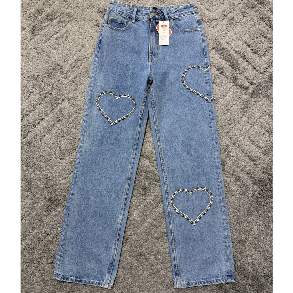 CIDER Jeans XS Blue Wide Leg Rhinestone Heart Studded Denim Y2K Trend NWT